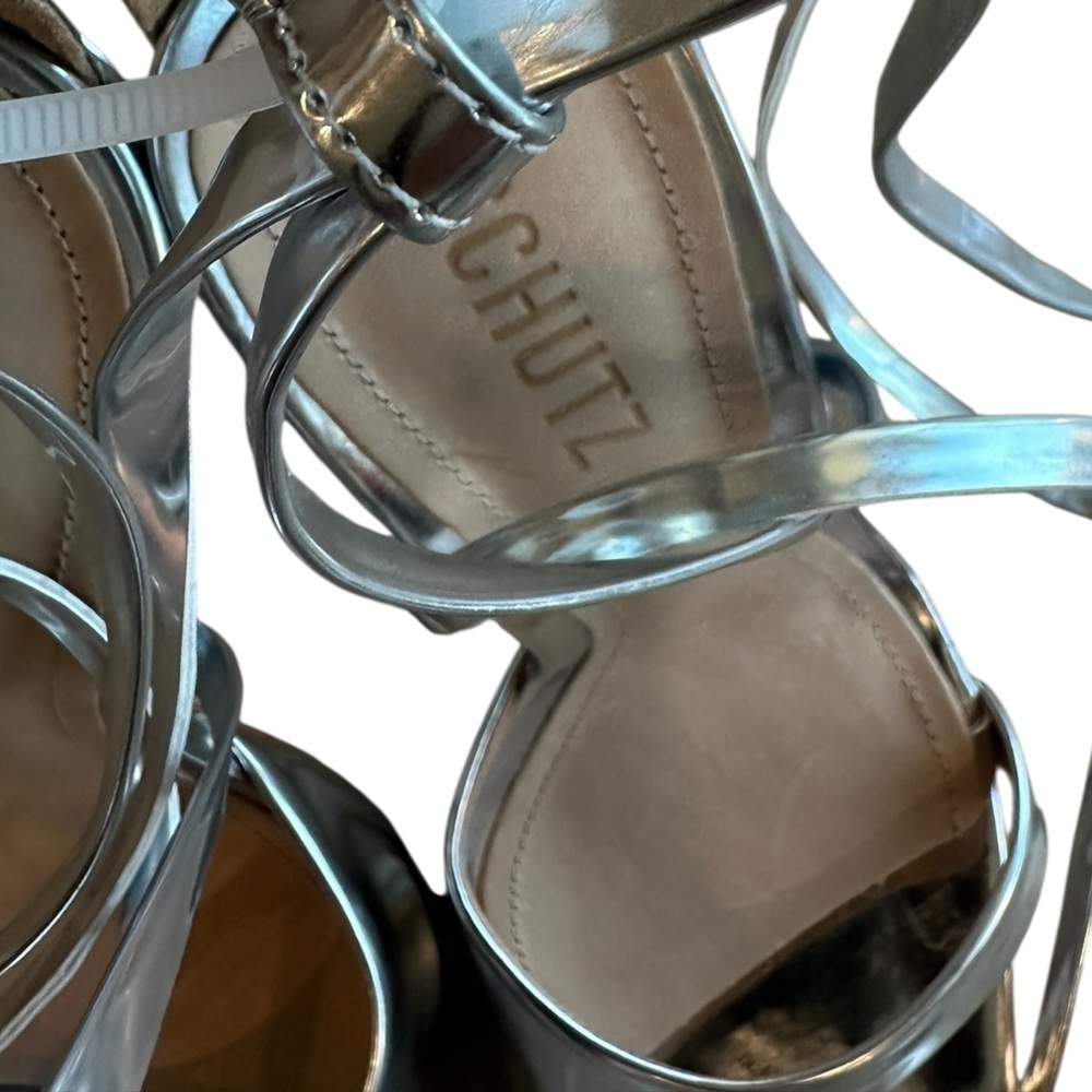 NEW Schutz Bryce Metallic Silver Heels | Ankle Wrap Strappy Sandals | Size 9.5 - Picture 4 of 13